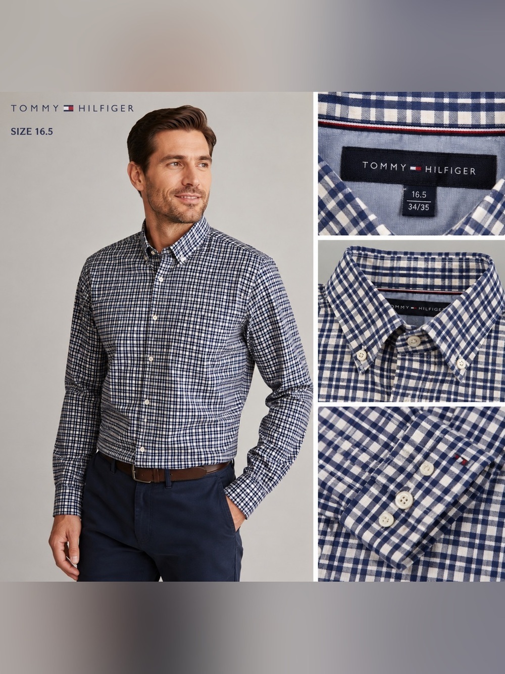 Tommy Hilfiger Blue White Plaid Button Down Shirt Slim Fit Non Iron 16.5/34-35